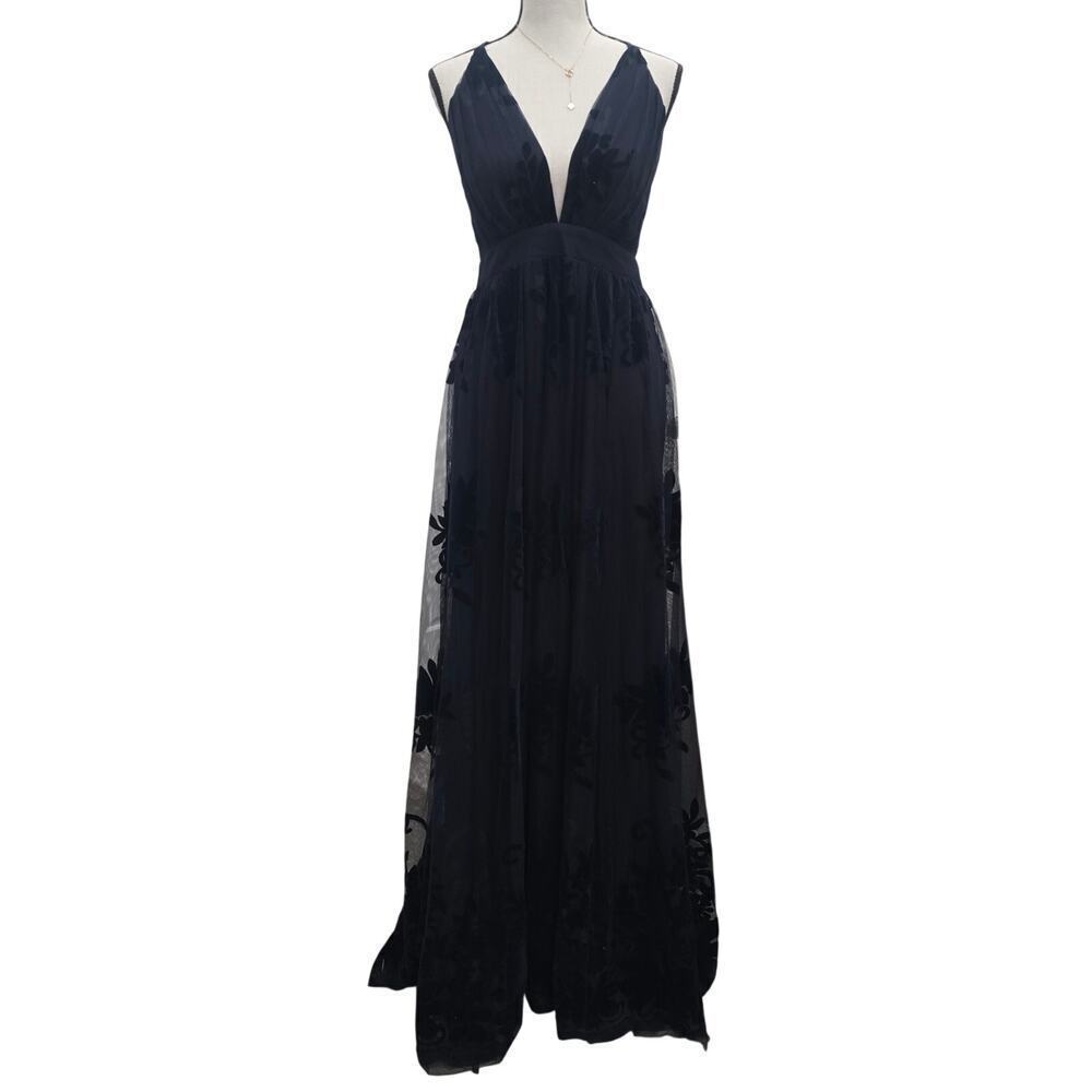 Women’s Navy Mesh Floral Burnout Cocktail Maxi Dress M Romantic Elegant Evening